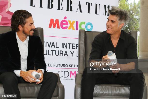 Mexican architect Fernando Romero and Chilean architect Alejandro Aravena speak onstage during day one of the Liberatum Mexico Festival 2018 at...