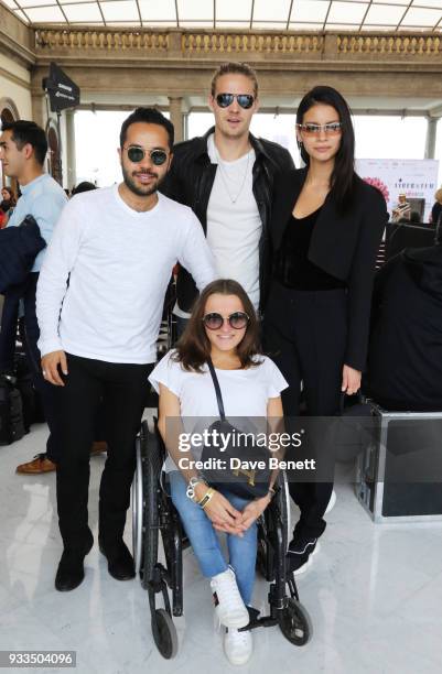 Alex Bracho, Leopoldine Huyghues Despointes, Martin Landgreve and Juana Burga pose at an afternoon tea held at the residence of Fernando Romero and...