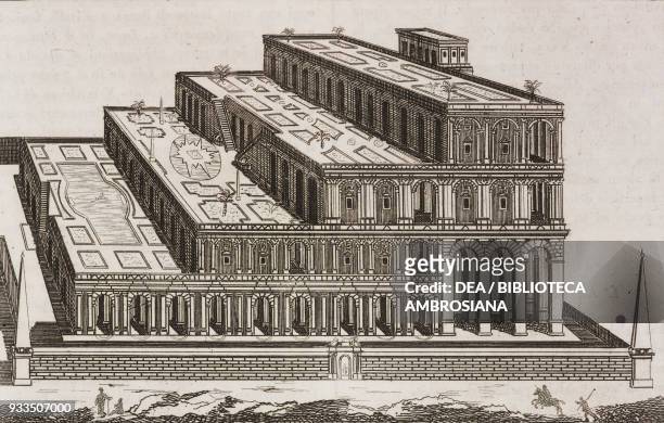 The Hanging Gardens of Babylon, built by King Nebuchadnezzar, Iraq, engraving from L'album, giornale letterario e di belle arti, Saturday, August 2...