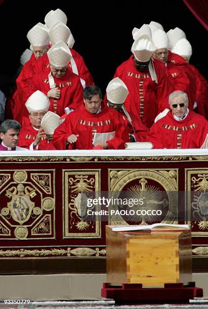 Picture taken 08 April 2005 during the funeral ceremony of Pope John Paul II in St Peter's square at the Vatican shows Mexican Cardinal Norberto...