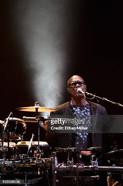 Percussionist Everett Bradley performs with Bon Jovi during a stop of the band's This House is Not for Sale Tour at T-Mobile Arena on March 17, 2018...