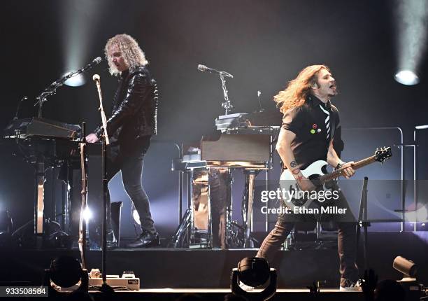 Keyboardist David Bryan and guitarist Phil X of Bon Jovi perform during a stop of the band's This House is Not for Sale Tour at T-Mobile Arena on...