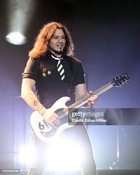 Guitarist Phil X of Bon Jovi performs during a stop of the band's This House is Not for Sale Tour at T-Mobile Arena on March 17, 2018 in Las Vegas,...