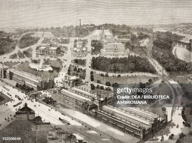 Aerial view of the American Centennial Exhibition, Philadelphia, United States of America, illustration from the magazine The Graphic, volume XIII,...