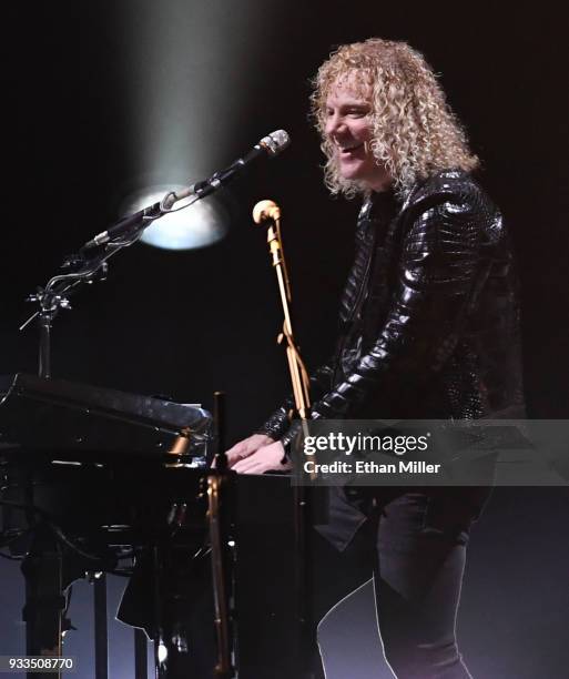 Keyboardist David Bryan of Bon Jovi performs during a stop of the band's This House is Not for Sale Tour at T-Mobile Arena on March 17, 2018 in Las...