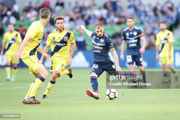 James Troisi of the Victory kicks the ball during the round 23 A-League match between the Melbourne Victory and the Central Coast Mariners at AAMI...