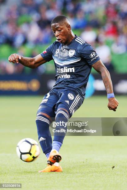 Leroy George of the Victory kicks the ball during the round 23 A-League match between the Melbourne Victory and the Central Coast Mariners at AAMI...