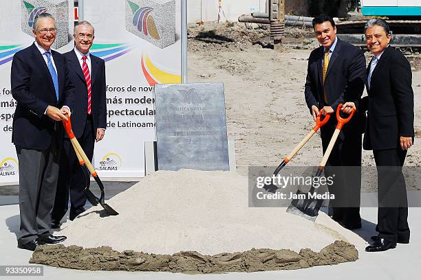 Grupo Salinas president Ricardo Salinas Pliego, Joaquin Arrangoiz, Aberto Santini and TV Azteca CEO Mario San Roman lay the cornerstone of TV...