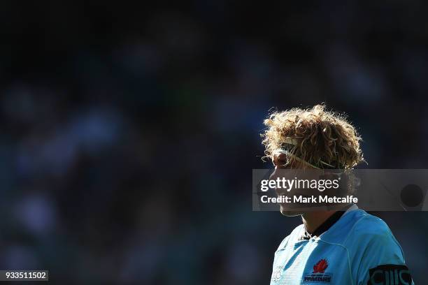 Ned Hanigan of the Waratahs looks on during the round five Super Rugby match between the Waratahs and the Rebels at Allianz Stadium on March 18, 2018...