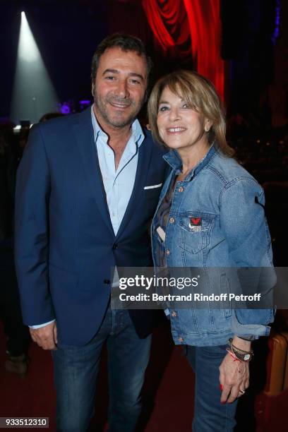 Bernard Montiel and Nicole Calfan attend Sylvie Vartan performs at Le Grand Rex on March 16, 2018 in Paris, France.