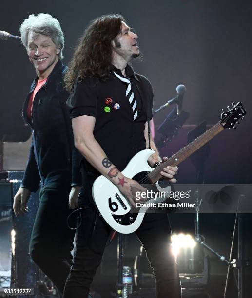 Frontman Jon Bon Jovi and guitarist Phil X of Bon Jovi perform during a stop of the band's This House is Not for Sale Tour at T-Mobile Arena on March...