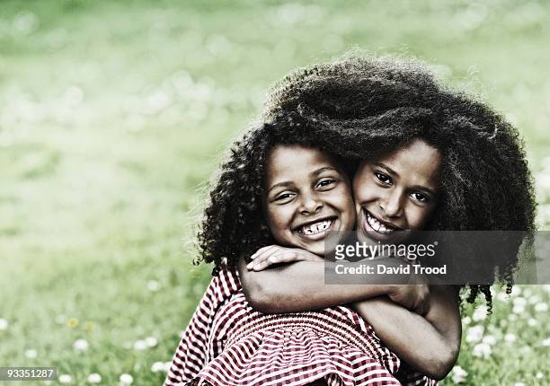 sisters hugging on the grass - david trood photos et images de collection