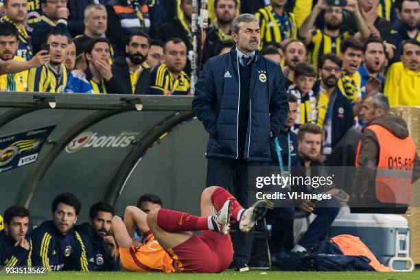 Sofiane Feghouli of Galatasaray SK, coach Aykut Kocaman of Fenerbahce SK during the Turkish Spor Toto Super Lig match Fenerbahce AS and Galatasaray...