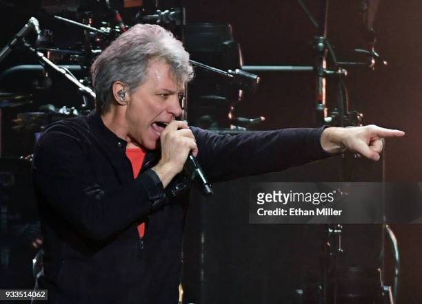 Frontman Jon Bon Jovi of Bon Jovi performs during a stop of the band's This House is Not for Sale Tour at T-Mobile Arena on March 17, 2018 in Las...