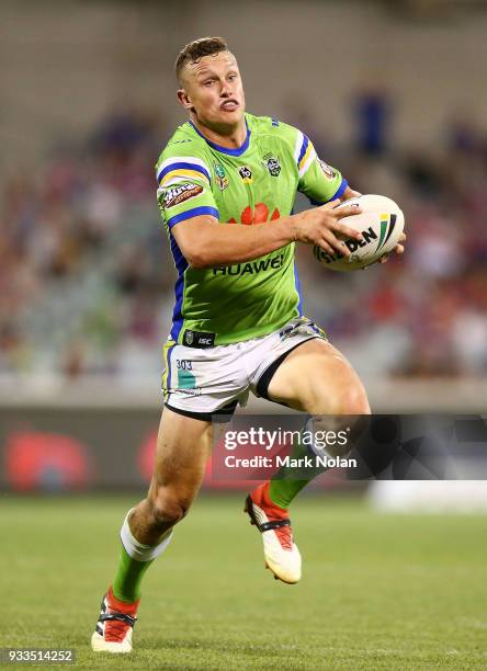 Jack Wighton of the Raiders in action during the round two NRL match between the Canberra Raiders and the Newcastle Knights at GIO Stadium on March...