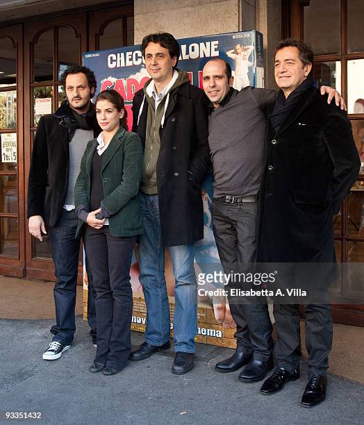 Fabio Troiano, Giulia Michelini, director Gennaro Nunziante, Checco Zalone and producer Pietro Valsecchi attend "Cado Dalle Nubi" photocall at...