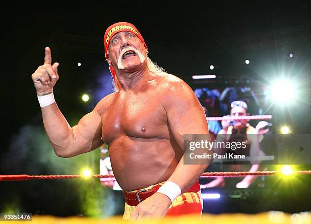 Hulk Hogan gestures to the audience during his Hulkamania Tour at the Burswood Dome on November 24, 2009 in Perth, Australia.