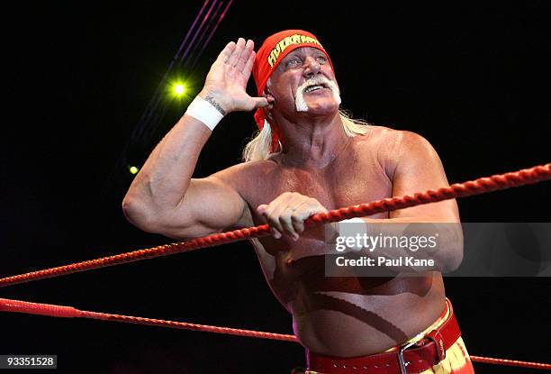 Hulk Hogan gestures to the audience during his Hulkamania Tour at the Burswood Dome on November 24, 2009 in Perth, Australia.