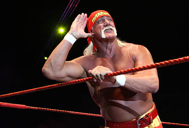 Hulk Hogan gestures to the audience during his Hulkamania Tour at the Burswood Dome on November 24, 2009 in Perth, Australia.