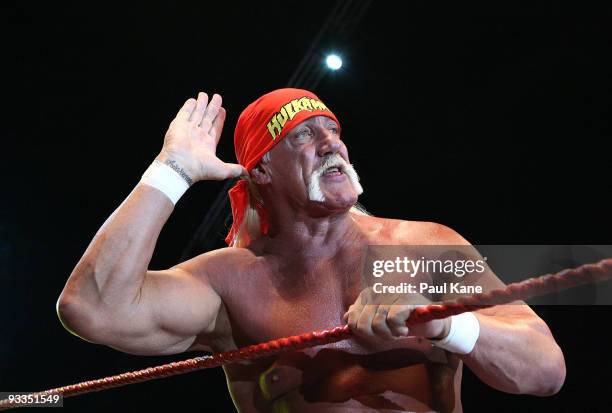 Hulk Hogan gestures to the audience during his Hulkamania Tour at the Burswood Dome on November 24, 2009 in Perth, Australia.