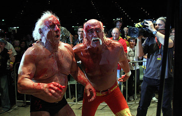 Hulk Hogan and Ric Flair in action during his Hulkamania Tour at the Burswood Dome on November 24, 2009 in Perth, Australia.
