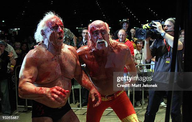 Hulk Hogan and Ric Flair in action during his Hulkamania Tour at the Burswood Dome on November 24, 2009 in Perth, Australia.