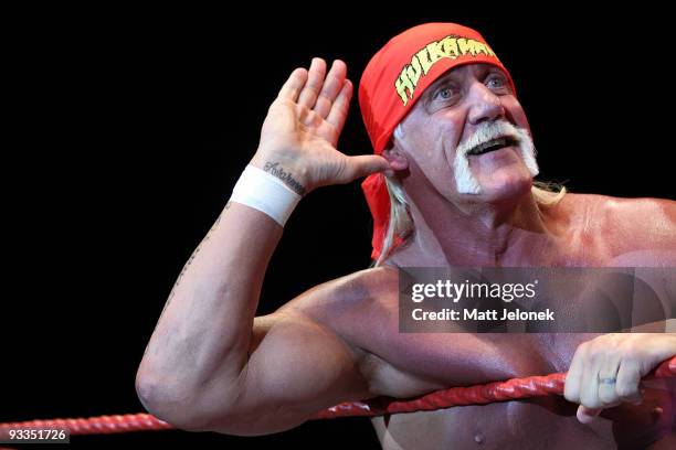 Hulk Hogan in action during his Hulkamania Tour at the Burswood Dome on November 24, 2009 in Perth, Australia.