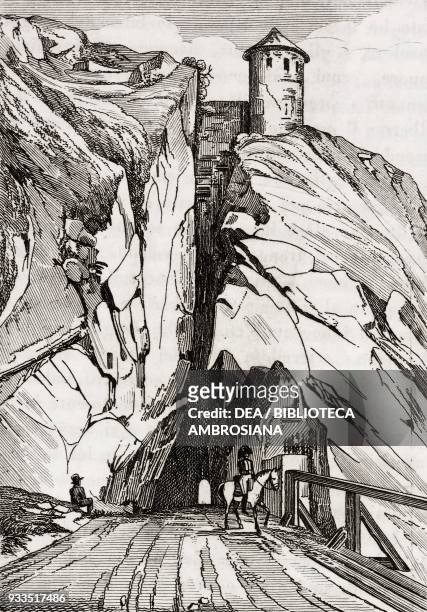 Gate cut into the rock in Besancon, France, engraving from L'album, giornale letterario e di belle arti, Saturday, July 11 Year 2.