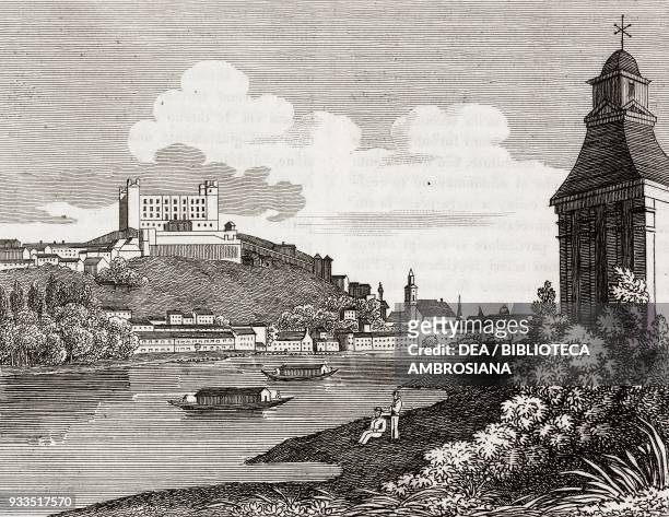 View of Pressburg , capital of Hungary until 1783, engraving from L'album, giornale letterario e di belle arti, Saturday, July 11 Year 2.