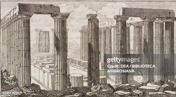 Ruins of the Temple of Apollo Epicurus, Messinia, Greece, engraving from L'album, giornale letterario e di belle arti, Saturday, August 22 Year 2.
