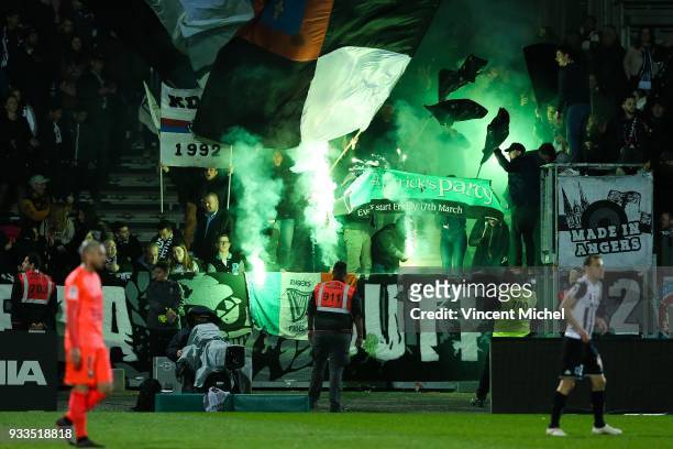 Supporters of Angers during the Ligue 1 match between Angers SCO and SM Caen at Stade Raymond Kopa on March 17, 2018 in Angers, .
