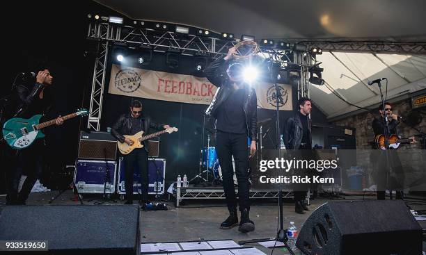 Musicians Chris Cester and Miles Kane of Dr. Pepper's Jaded Hearts Club Band perform onstage during Rachael Ray's Feedback at Stubb's Bar-B-Q on...