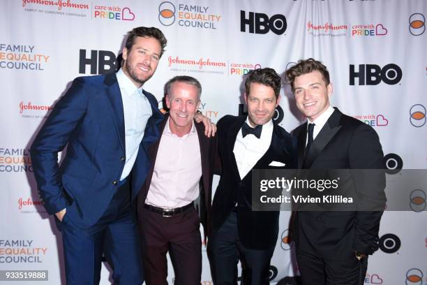 Armie Hammer, CEO of Family Equality Council Stan Sloan, Nate Berkus and Jeremiah Brent attend Family Equality Council's Impact Awards at The Globe...