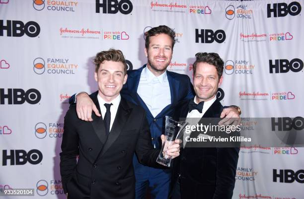 Jeremiah Brent, Armie Hammer and Nate Berkus attend Family Equality Council's Impact Awards at The Globe Theatre at Universal Studios on March 17,...