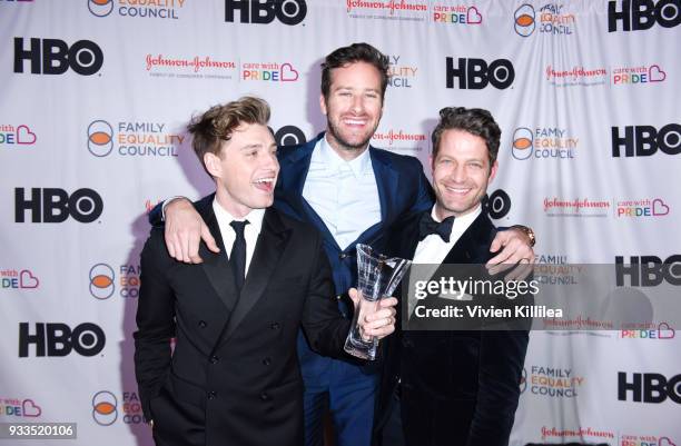 Jeremiah Brent, Armie Hammer and Nate Berkus attend Family Equality Council's Impact Awards at The Globe Theatre at Universal Studios on March 17,...