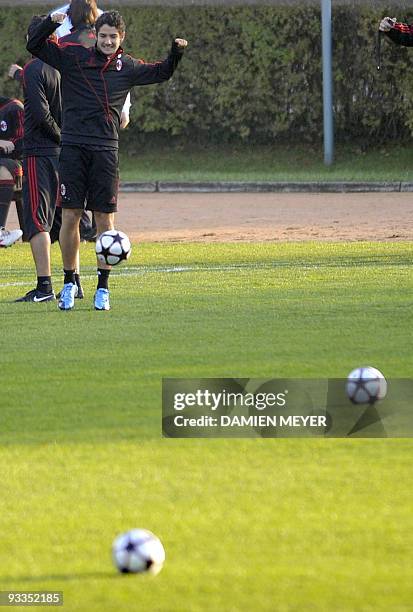 Milan's Brazilian forward Pato takes part in a training session on the eve of their team's UEFA Champions League group stage football match against...