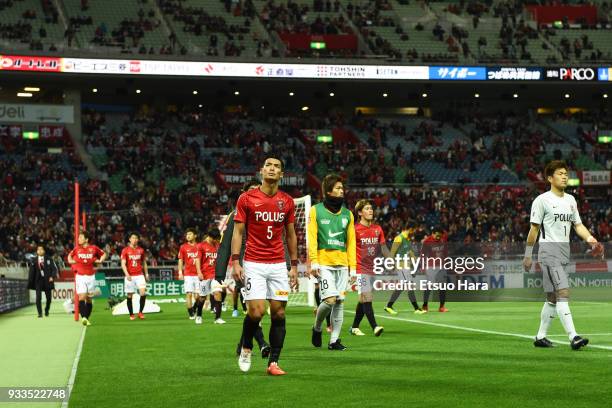 Players of Urawa Red Diamonds looks dejected after the J.League J1 match between Urawa Red Diamonds and Yokohama F.Marinos at Saitama Stadium on...