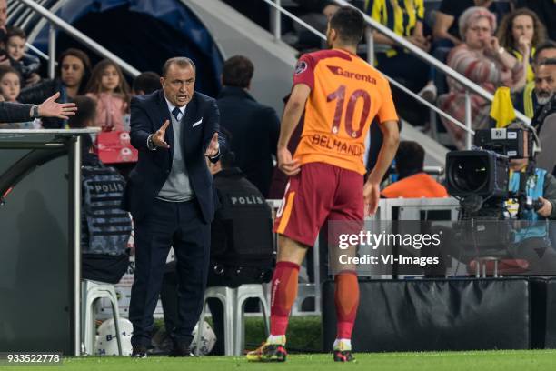 Coach Fatih Terim of Galatasaray SK, Younes Belhanda of Galatasaray SK during the Turkish Spor Toto Super Lig match Fenerbahce AS and Galatasaray AS...