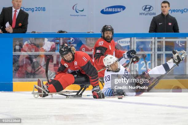 Rico ROMAN ,Adam DIXON and Billy BRIDGES during The Ice Hockey gold medal game between Canada and United States during day nine of the PyeongChang...