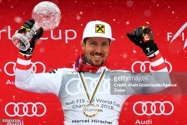 Marcel Hirscher of Austria wins the globe during the Audi FIS Alpine Ski World Cup Finals Men's Slalom on March 18, 2018 in Are, Sweden.