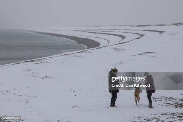 Man walks his dog on a snow covered Chesil Beach on the Island of Portland during a weather front that has been dubbed the 'mini beast from the East'...