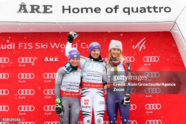 Tessa Worley of France takes 2nd place, Viktoria Rebensburg of Germany wins the globe, Mikaela Shiffrin of USA takes 3rd place during the Audi FIS...