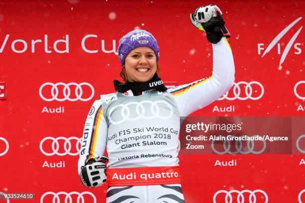 Viktoria Rebensburg of Germany wins the globe during the Audi FIS Alpine Ski World Cup Finals Women's Giant Slalom on March 18, 2018 in Are, Sweden.