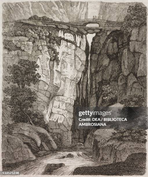 Icononzo natural bridges, Colombia, engraving from L'album, giornale letterario e di belle arti, Saturday, November 7 Year 2.