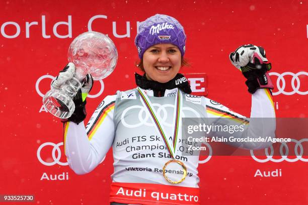 Viktoria Rebensburg of Germany wins the globe during the Audi FIS Alpine Ski World Cup Finals Women's Giant Slalom on March 18, 2018 in Are, Sweden.