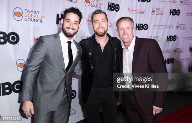 Lance Bass, Michael Turchin and CEO of Family Equality Council Stan Sloan attend Family Equality Council's Impact Awards at The Globe Theatre at...