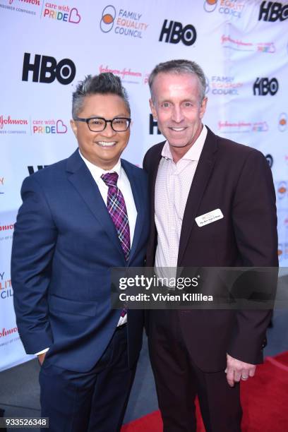 Alec Mapa and CEO of Family Equality Council Stan Sloan attend Family Equality Council's Impact Awards at The Globe Theatre at Universal Studios on...