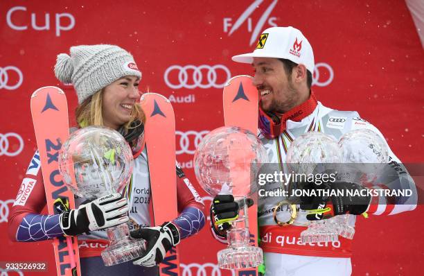 Overall Winner of the Women's Alpine Skiing World Cup Mikaela Shiffrin of the US and Overall Winner of the Men's Alpine Skiing World Cup Marcel...