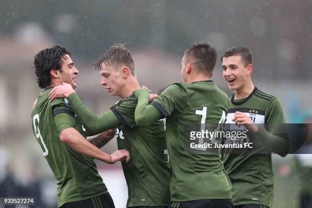 Hans Nicolussi Caviglia of Juventus celebrates after scoring a goal during the Viareggio Cup match between Juventus U19 snd Euro New York U19 on...