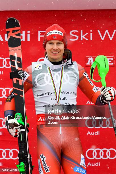 Henrik Kristoffersen of Norway takes 2nd place in the overall standings during the Audi FIS Alpine Ski World Cup Finals Men's Slalom on March 18,...